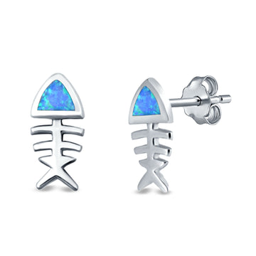 Fish Stud Earrings Lab Created Blue Opal 925 Sterling Silver (10mm)